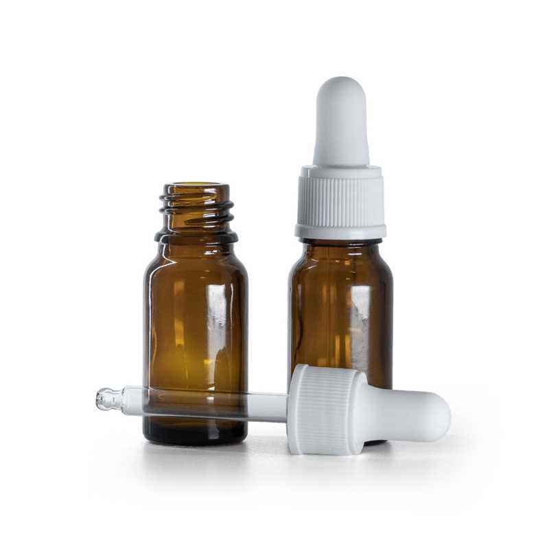 Borostyánszínű üvegpalack matt fehér pipettás kupakkal, 10 ml