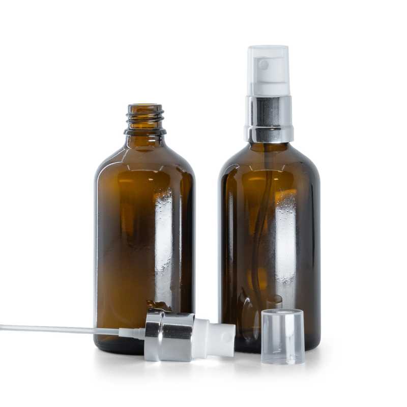 Borostyánszínű üvegpalack fehér-ezüst permetezőfejjel 100 ml