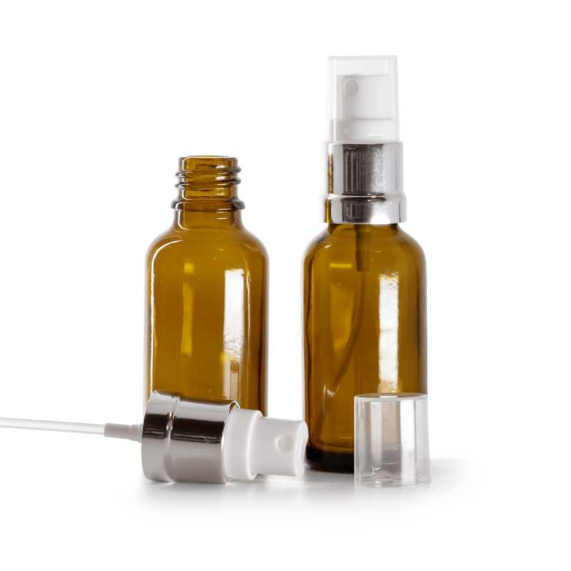 Borostyánszínű üvegpalack fehér-ezüst permetpumpával 30 ml