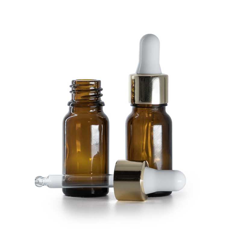 10 ml borostyánszínű üvegpalack fehér-arany pipettás kupakkal