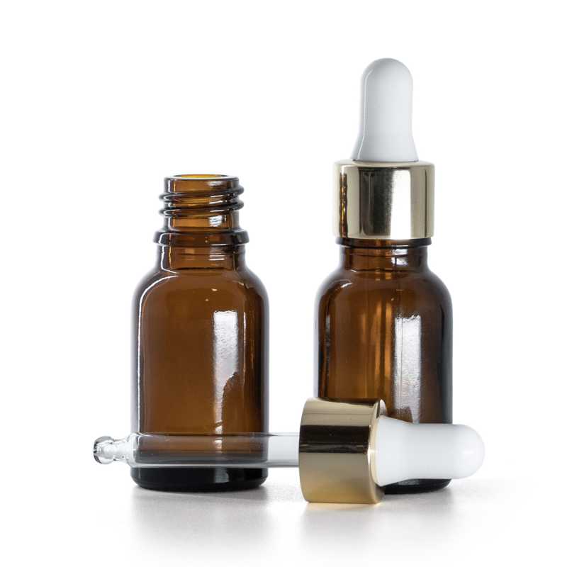 Borostyánszínű üvegpalack fehér-arany pipettás kupakkal, 15 ml