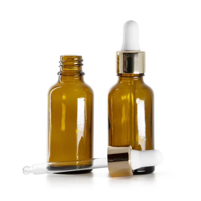 Borostyánszínű üvegpalack fehér-arany pipettával, 30 ml