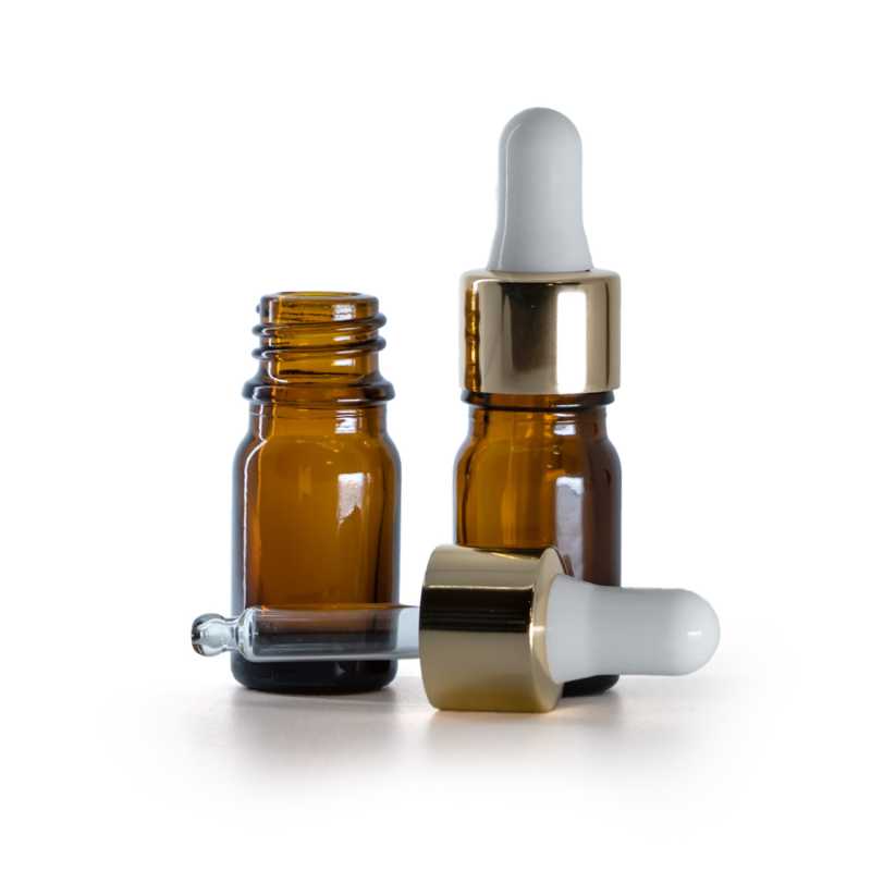 Borostyánszínű üvegpalack fehér-arany pipettával, 5 ml