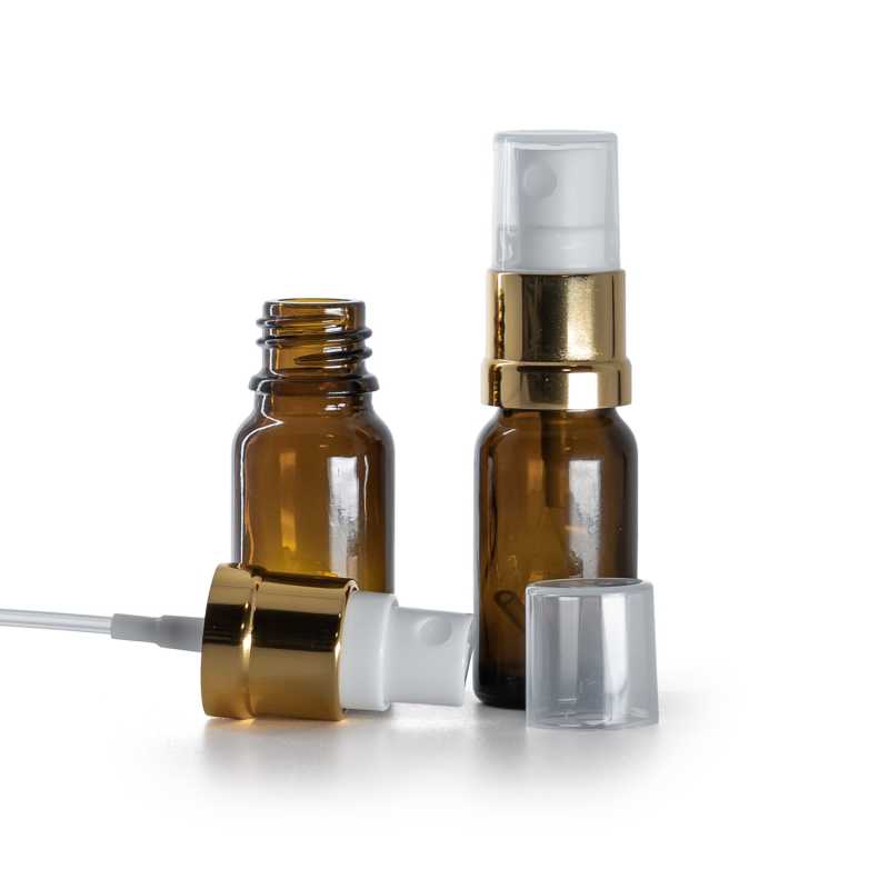 Borostyánszínű üvegpalack fehér-arany permetezőfejjel 10 ml