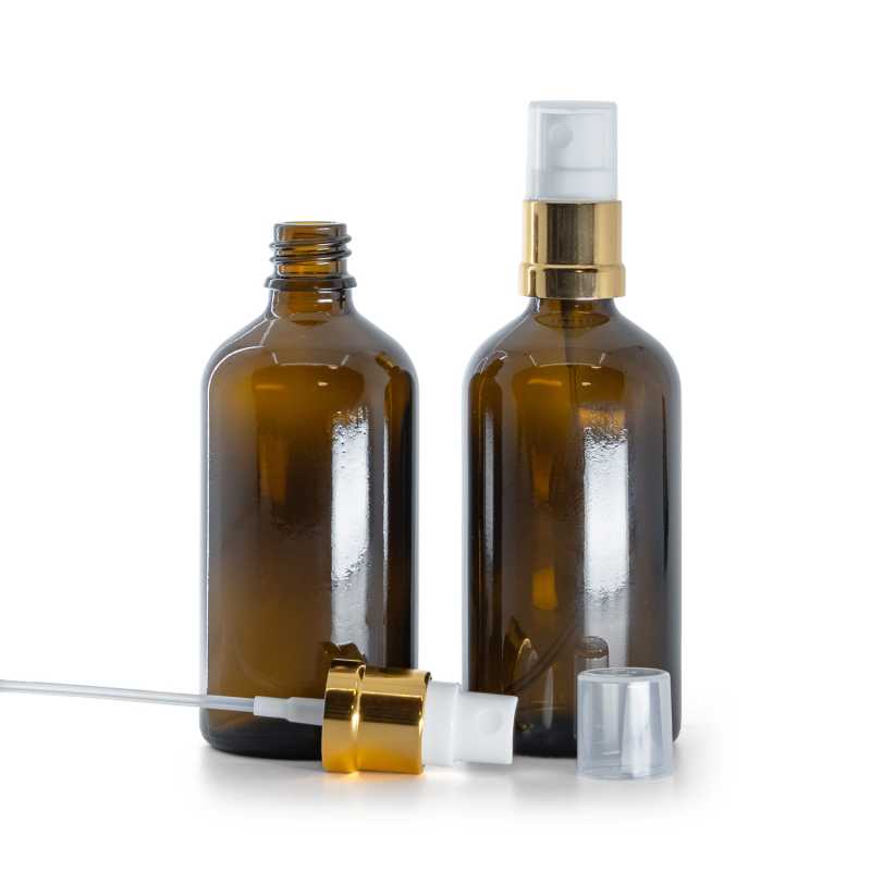 Borostyánszínű üvegpalack arany-fehér permetezővel, 100 ml