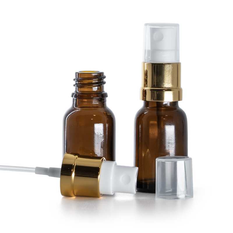 Borostyánszínű üvegpalack fehér-arany permetezőfejjel, 15 ml