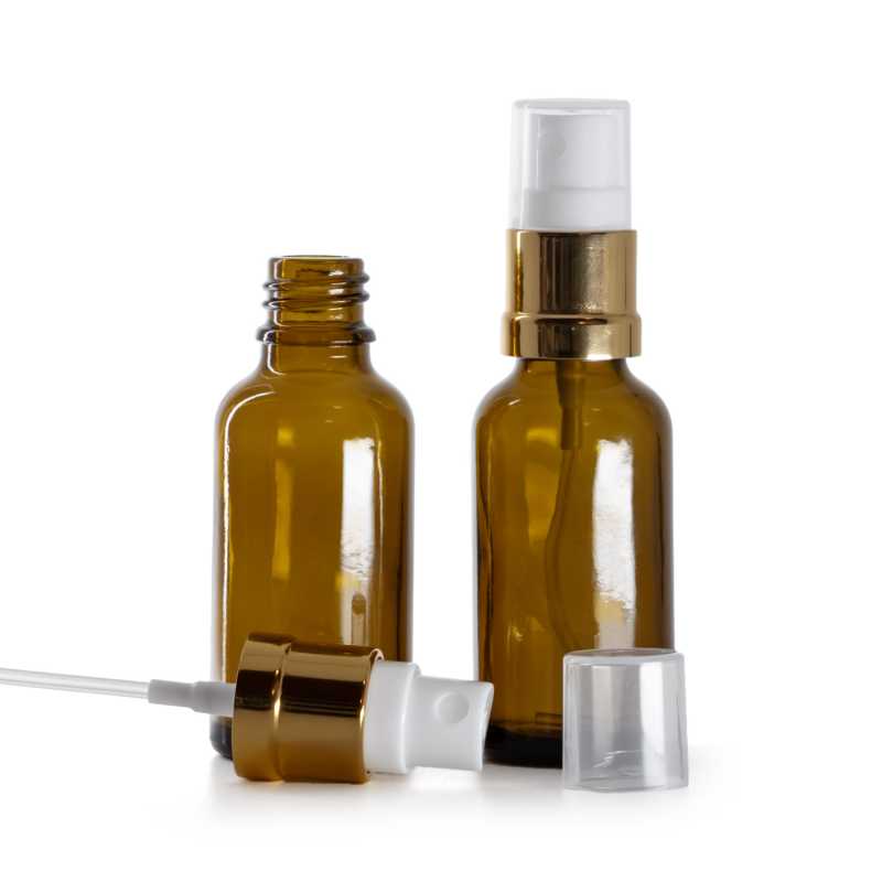 Fehér-arany permetezővel ellátott borostyánszínű üvegpalack, 30 ml