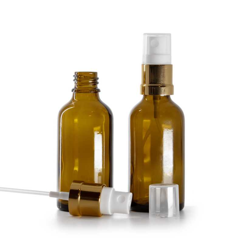 Borostyánszínű üvegpalack fehér-arany permetezőfejjel, 50 ml