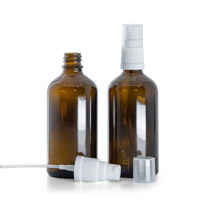 Borostyánszínű üvegpalack fehér adagolóval, 100 ml