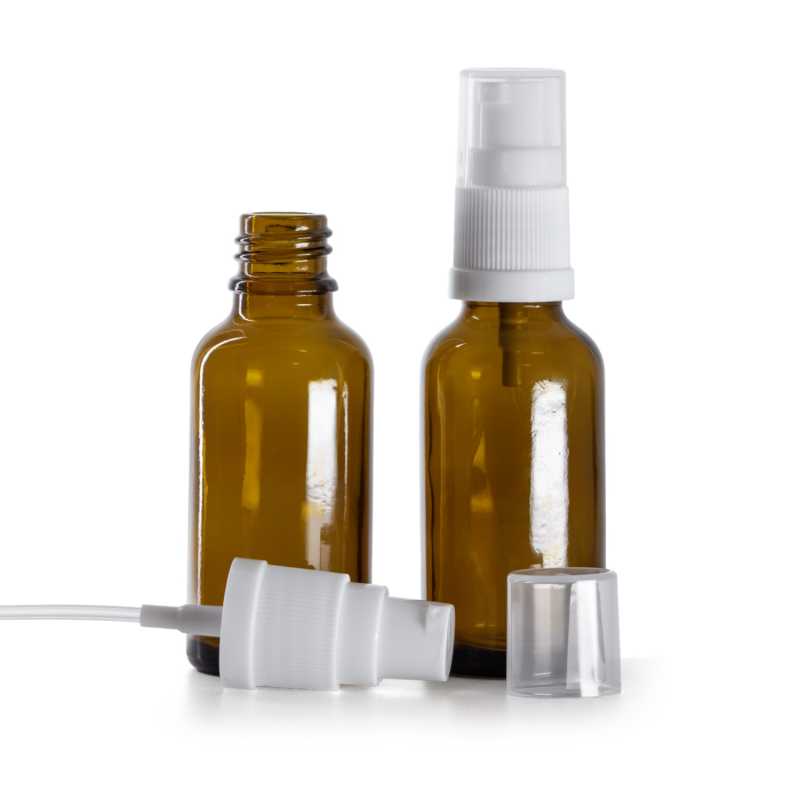 Borostyánszínű üvegpalack fehér adagolófejjel, 30 ml