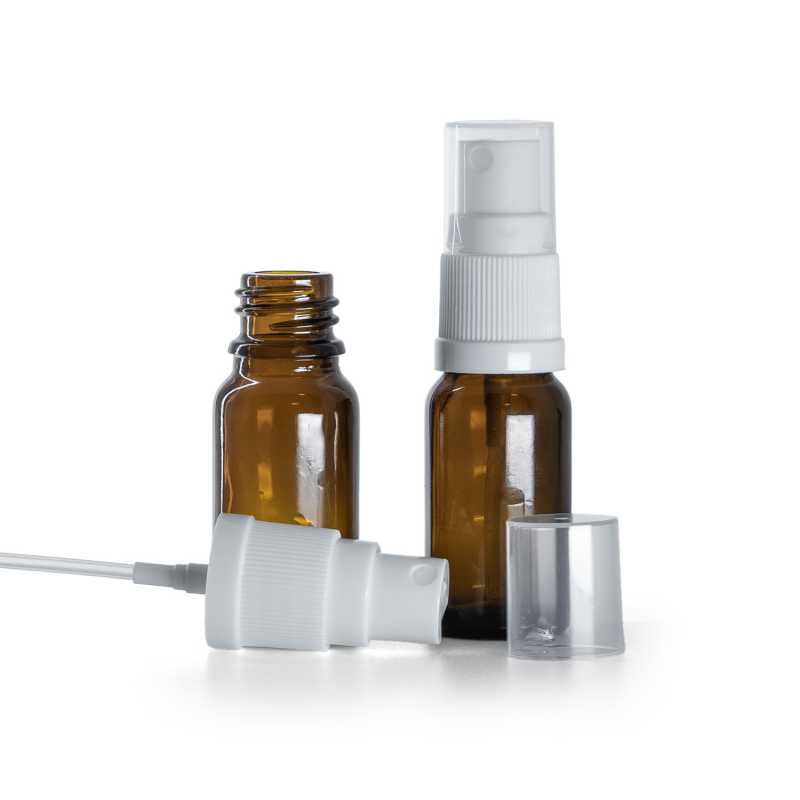 Borostyánszínű üvegpalack fehér permetezőfejjel 10 ml