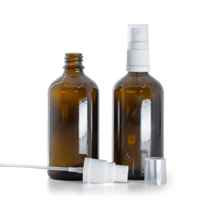 Borostyánszínű üvegpalack fehér permetezővel 100 ml