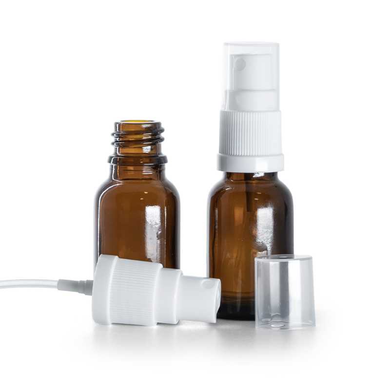 Borostyánszínű üvegpalack fehér permetezőfejjel 15 ml