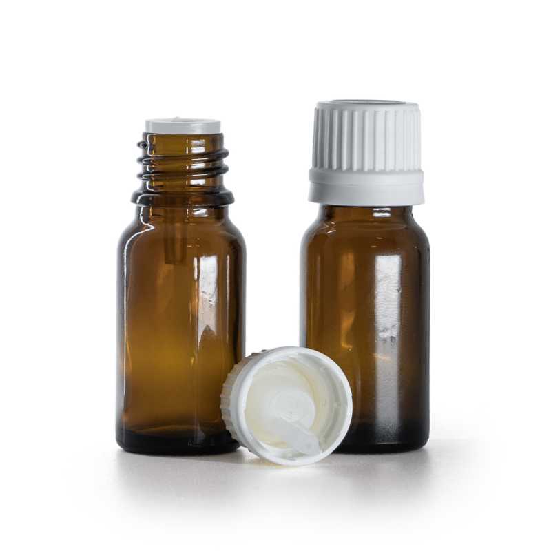 Borostyánszínű üvegpalack fehér gyermekbiztos cseppentős kupakkal, 10 ml