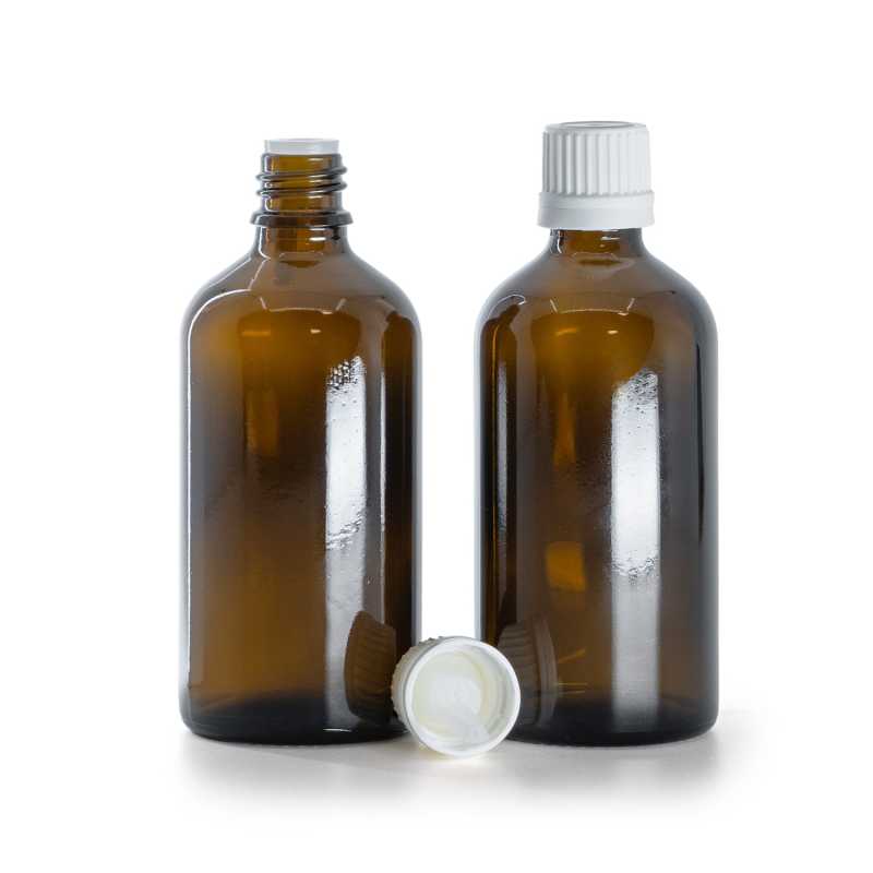 Barna üvegpalack fehér, garanciagyűrűs kupakkal és cseppentővel, 100 ml
