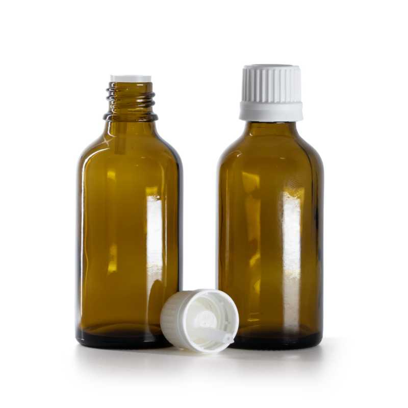 Barna üvegpalack fehér garanciazáras kupakkal és cseppentővel, 50 ml