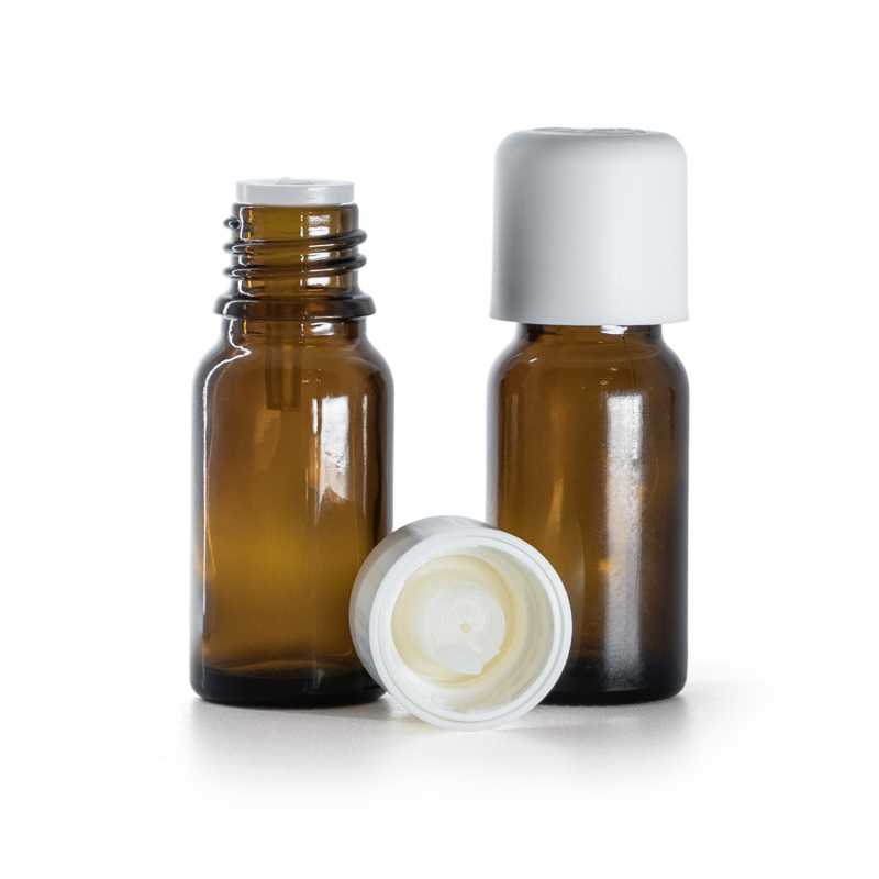 Borostyánsárga üvegpalack fehér biztonsági kupakkal és cseppentő betéttel 10 ml