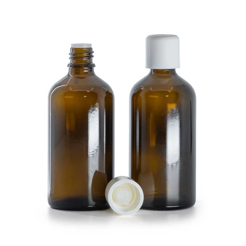 Borostyánszínű üvegpalack fehér biztonsági kupakkal és cseppentővel, 100 ml