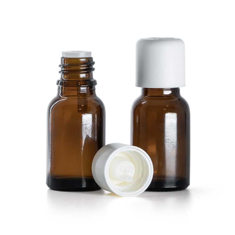 Borostyánszínű üvegpalack fehér biztonsági kupakkal, 15 ml