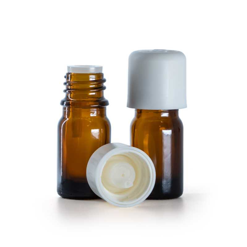 Borostyánszínű üvegpalack, fehér biztonsági kupak cseppentőbetéttel, 5 ml