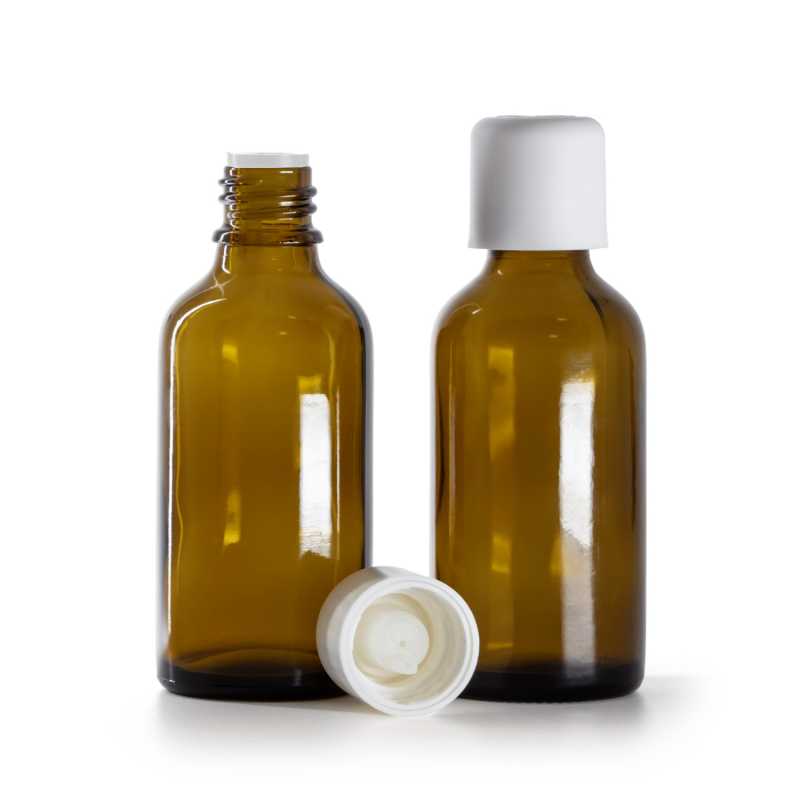 Barna üvegpalack fehér biztonsági kupakkal és cseppentőbetéttel 50 ml