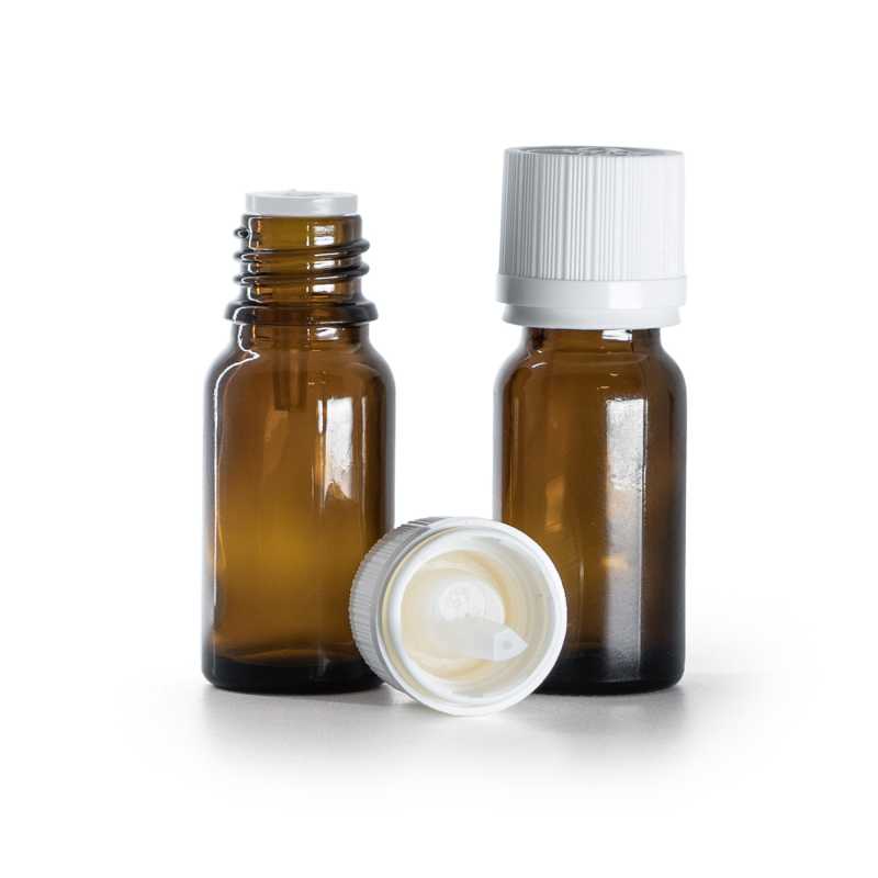 Borostyánszínű üvegpalack fehér, garanciazáras kupakkal, 10 ml