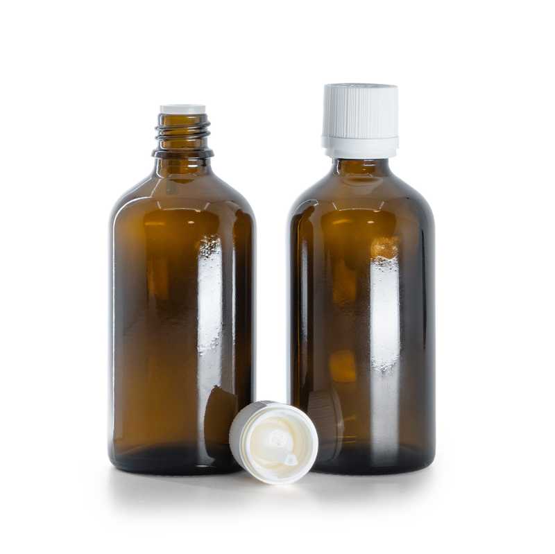 Barna üvegpalack, fehér biztonsági cseppentős kupak, 100 ml