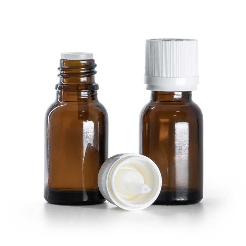 Borostyánszínű üvegpalack, fehér garanciazár cseppentőbetéttel, 15 ml