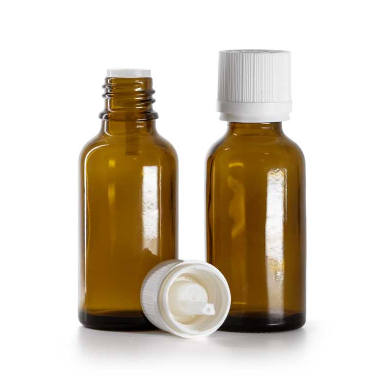 Borostyánszínű üvegpalack fehér, garanciazáras kupakkal és cseppentőbetéttel, 30 ml