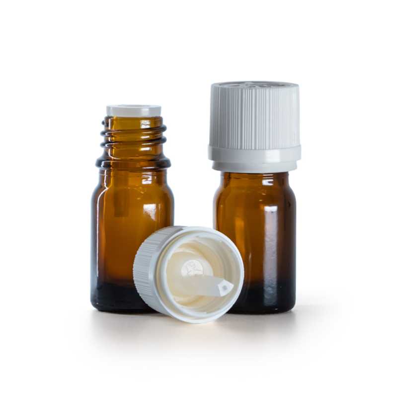 Borostyánszínű üvegpalack fehér garanciazáras kupakkal és cseppentőbetéttel, 5 ml