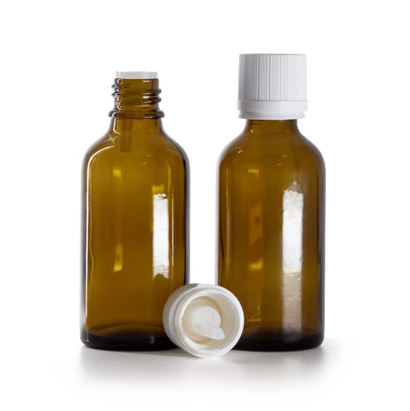 Borostyánszínű üvegpalack, fehér garanciazár kupak biztonsági zárral, 50 ml