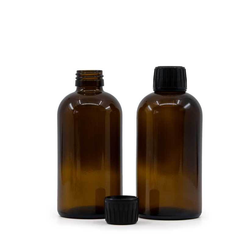 Borostyánszínű Boston kerek gyógyszeres üveg, 28 mm, fekete kupak, 250 ml
