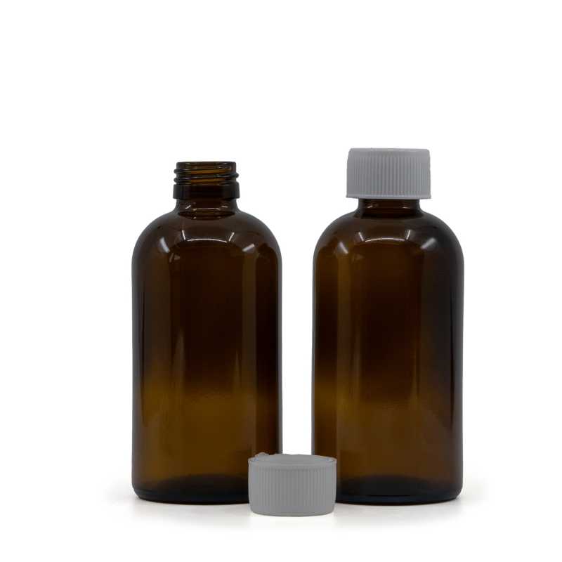 Borostyánszínű Boston kerek szirupos üveg 28 mm fehér biztonsági kupakkal 250 ml