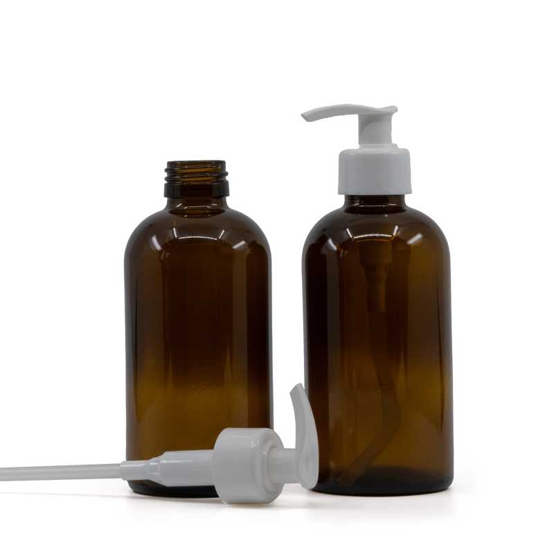 Borostyánsárga üveg Boston gömbölyű palack, PP28, fehér adagoló, 250 ml