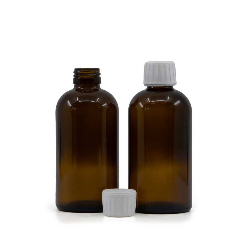 Borostyánszínű Boston kerek üvegpalack 28 mm, fehér kupak, 250 ml