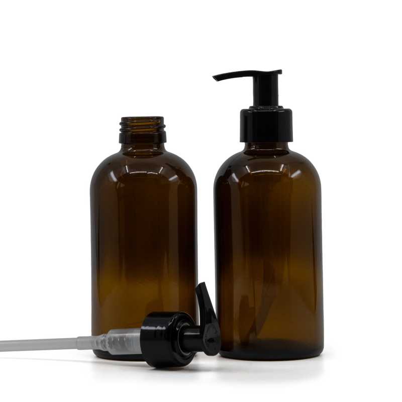 Borostyánszínű Boston üvegpalack, 28 mm, fekete adagoló, sima perem, 250 ml