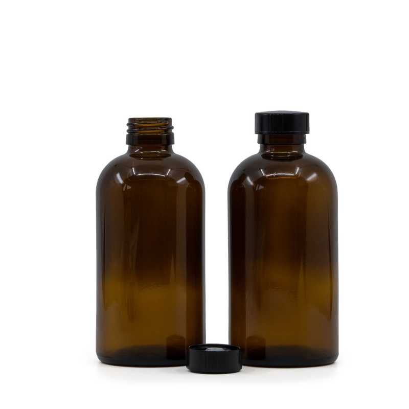 Borostyánszínű Boston kerek üveg 28 mm fekete alacsony kupakkal 250 ml