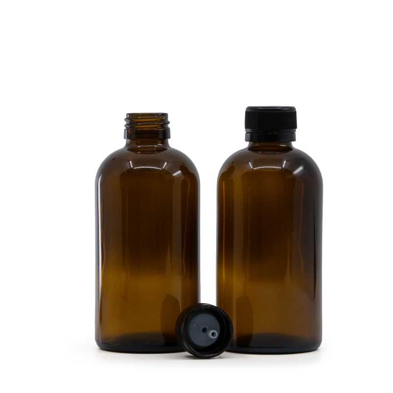 Borostyánszínű Boston üvegpalack 28 mm fekete cseppentős kupakkal 250 ml
