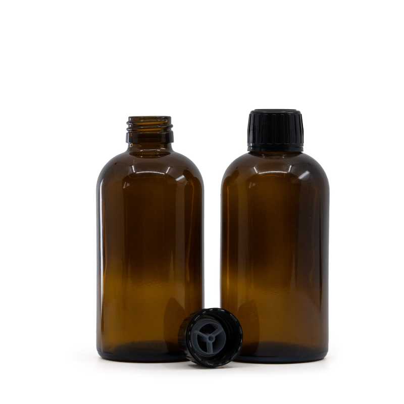 Borostyánszínű Boston kerek üvegpalack, PP28, fekete kupak beöntőbetéttel, 250 ml