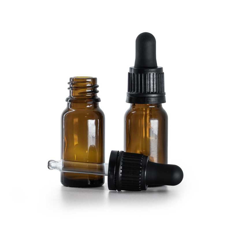 Borostyánszínű üvegpalack fekete, manipulálásbiztos cseppentővel 10 ml