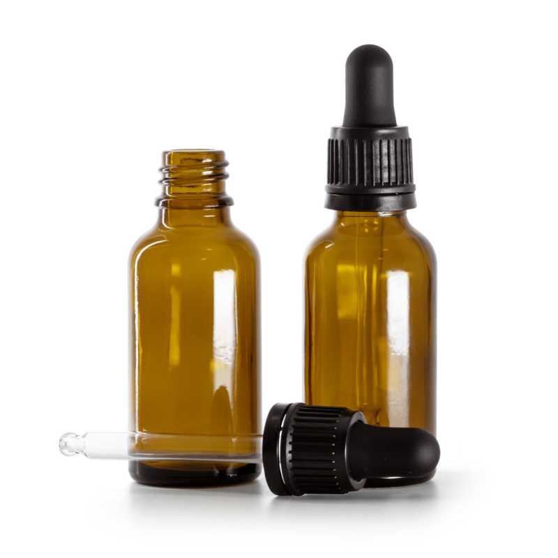 Borostyánszínű üvegpalack fekete garanciazáras cseppentővel, 30 ml