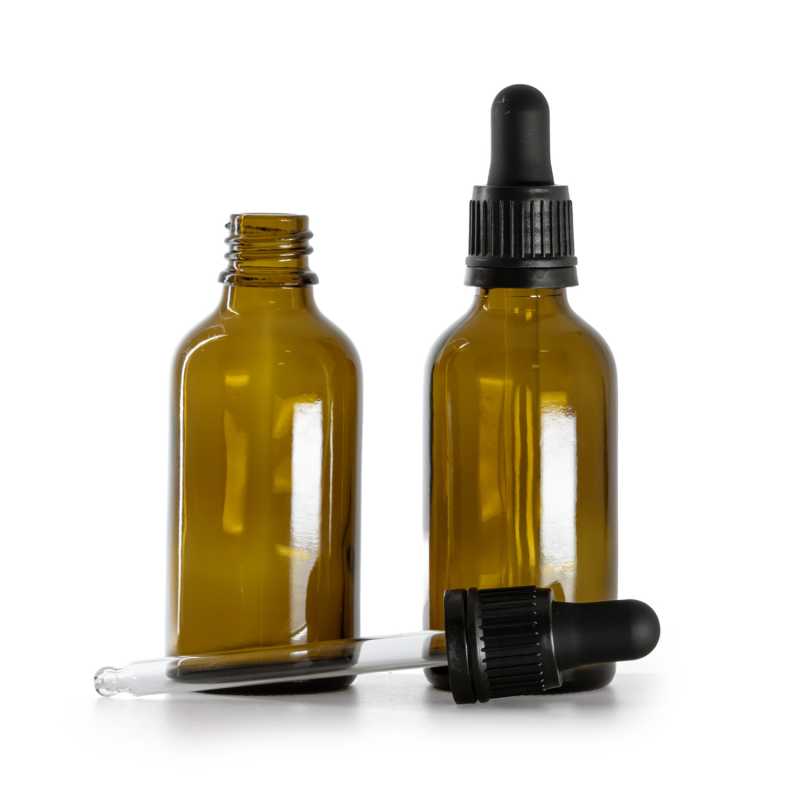 Borostyán üvegpalack fekete garanciazáras cseppentővel, 50 ml