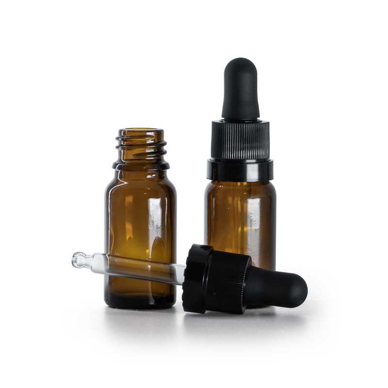 Borostyánszínű üvegpalack matt fekete pipettával, fényes gyűrűvel, 10 ml