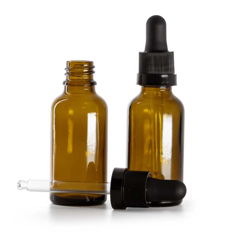 Borostyánszínű üvegpalack fekete, fényes gyűrűs pipettával, 30 ml