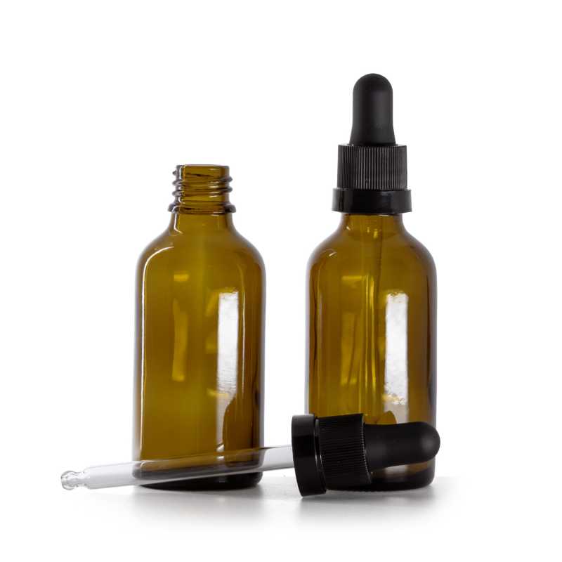 Borostyánszínű üvegpalack pipettás kupakkal, matt fekete pipetta fényes gyűrűvel, 50 ml