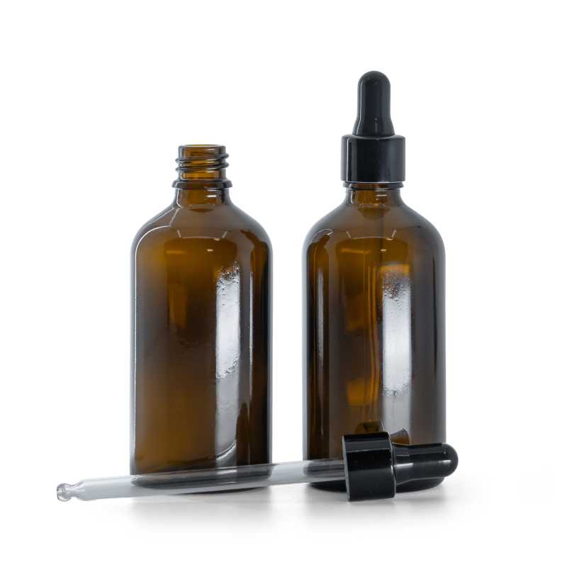 Borostyánszínű üvegpalack fényes fekete pipettával 100 ml