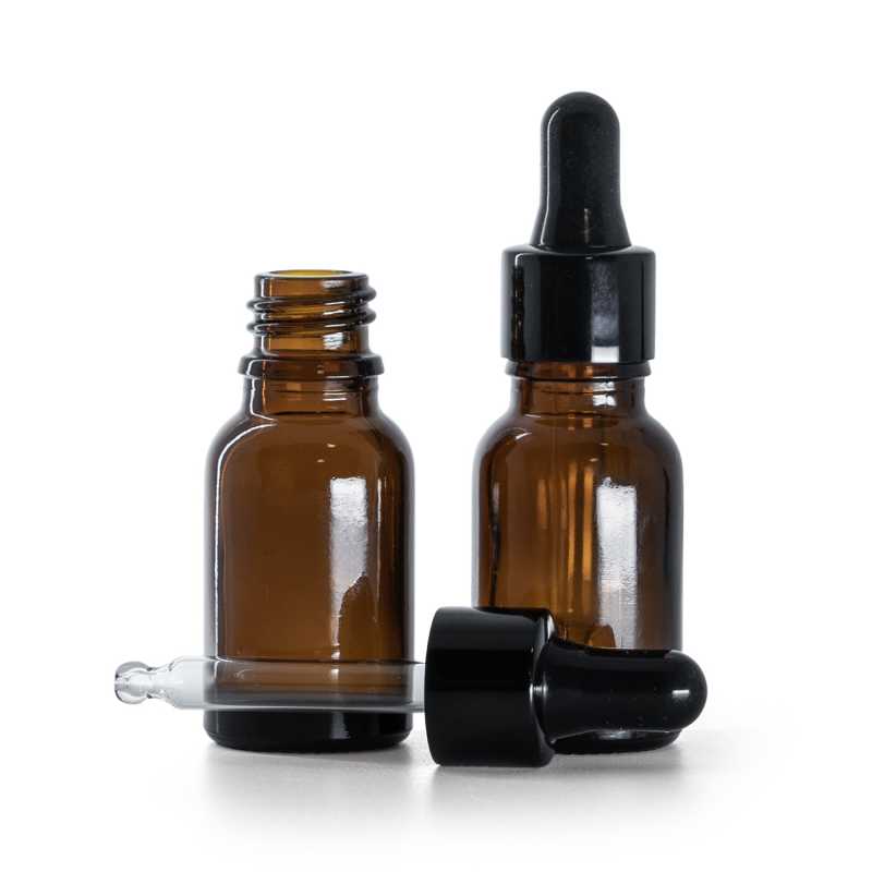 Borostyánszínű üvegpalack fényes fekete cseppentővel, 15 ml