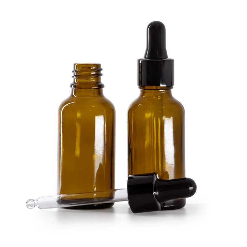 Borostyánszínű üvegpalack fényes fekete pipettával 30 ml