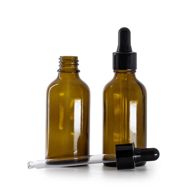 Borostyánszínű üvegpalack fényes fekete pipettával, 50 ml