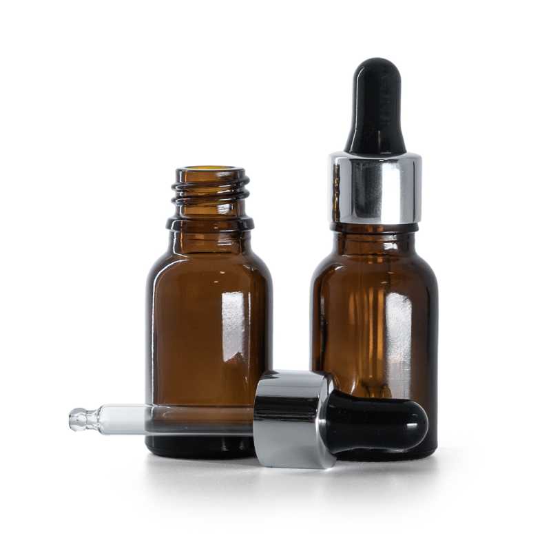 Borostyánszínű üvegpalack fekete-ezüst pipettás kupakkal, 15 ml